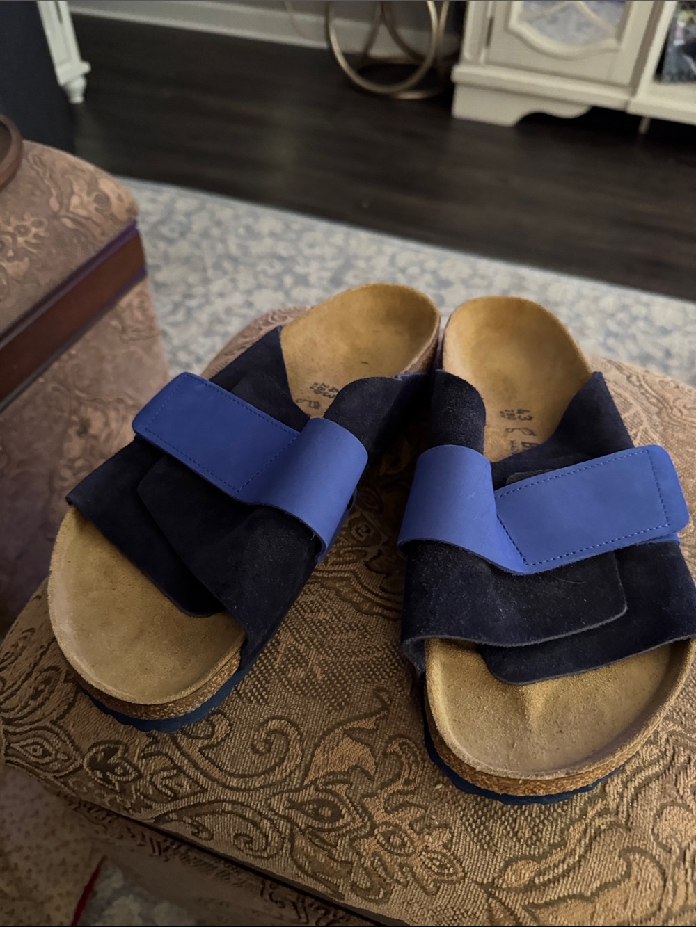 Birkenstock Men's Black and Blue Suede Slide Sandals